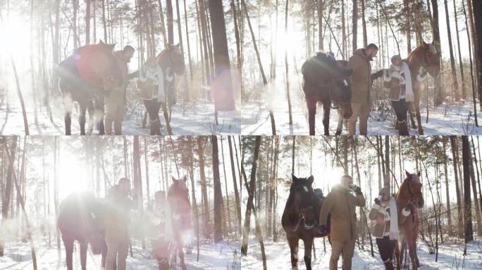 夫妇与马站在一起，在冬季森林里喝热茶