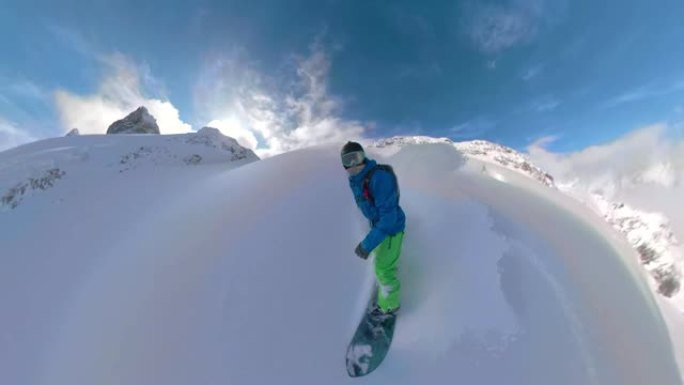 VR360: 酷酷的滑雪者花花公子在山上高处切碎未触及的雪。