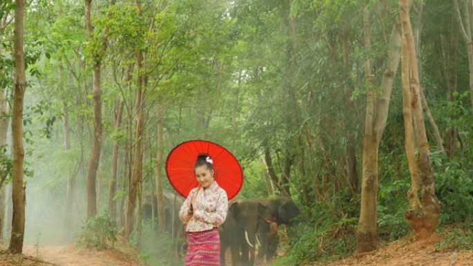 穿着传统东南亚服装的迷人亚洲女性肖像，在自然背景下看着镜头微笑。