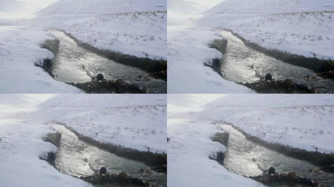 女士在热气腾腾的温泉中放松身心，流经冰岛积雪覆盖的景观