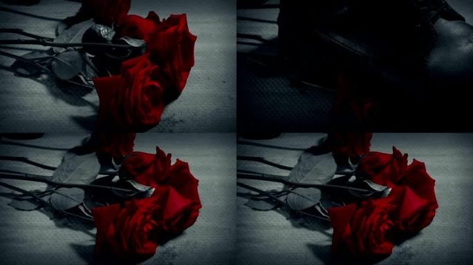 玫瑰掉落并踩在黑白上
