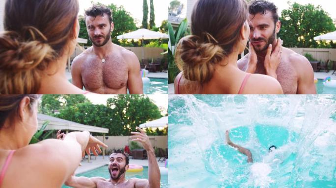 浪漫的西班牙裔夫妇与女人在室外夏季泳池派对上将男人推入游泳池