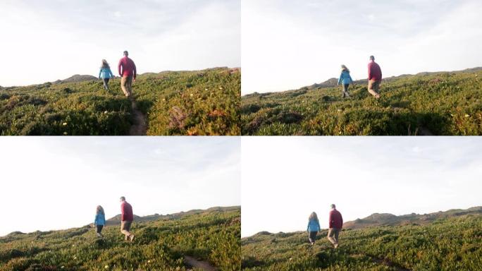 老年夫妇在山上带着狗徒步旅行的后景