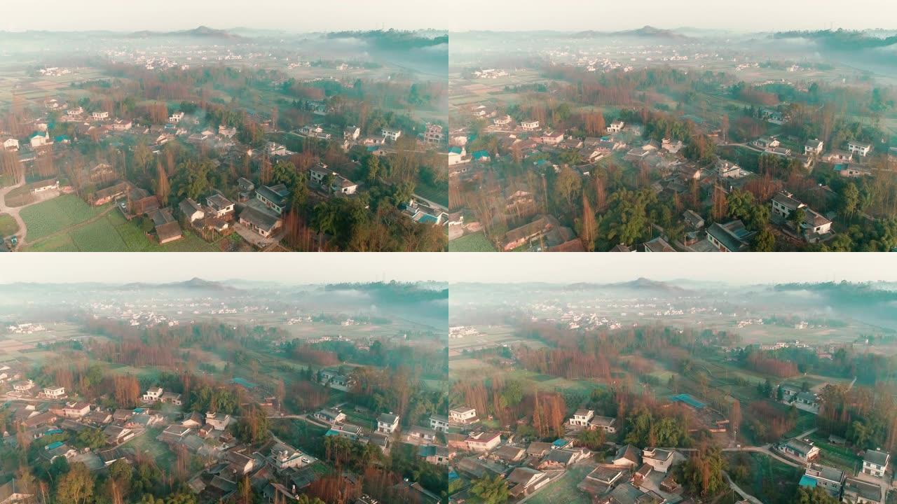 空中拍摄美丽的中国新村上午