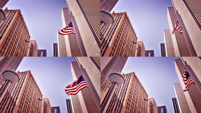 美国商业的概念观。美国国旗。企业金融大厦。金融区第六大道。