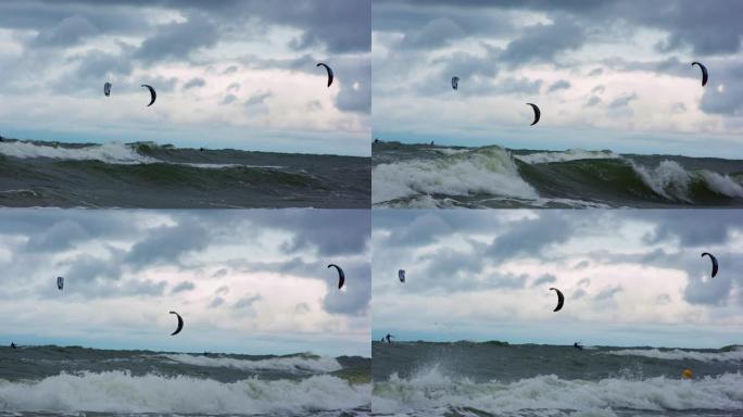 慢动作。人们在海里进行风筝冲浪