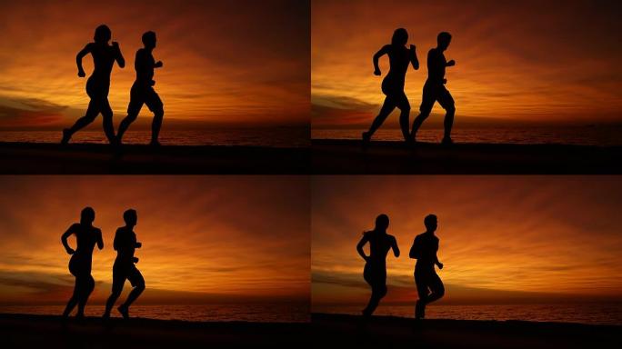 慢动作: 在一个壮观的橙色灯光晚会上进行未知的健康跑步者训练。