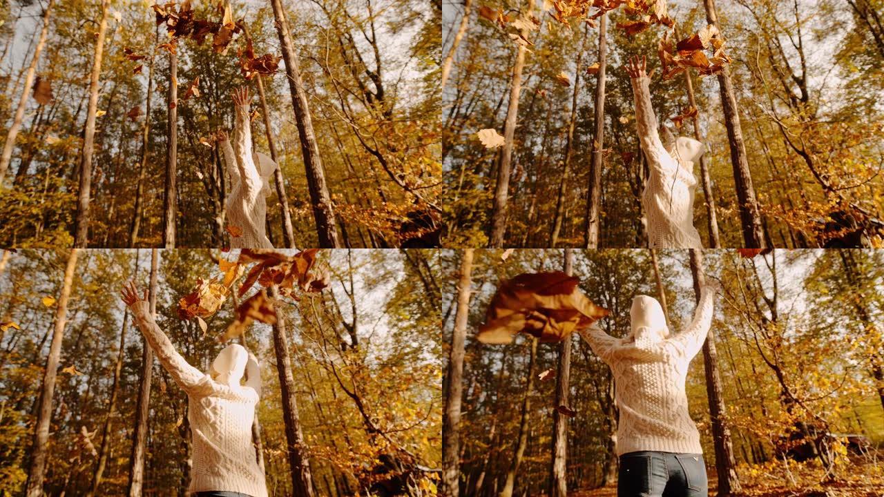 MS超级慢动作旺盛的年轻女子在森林中扔金色的秋叶
