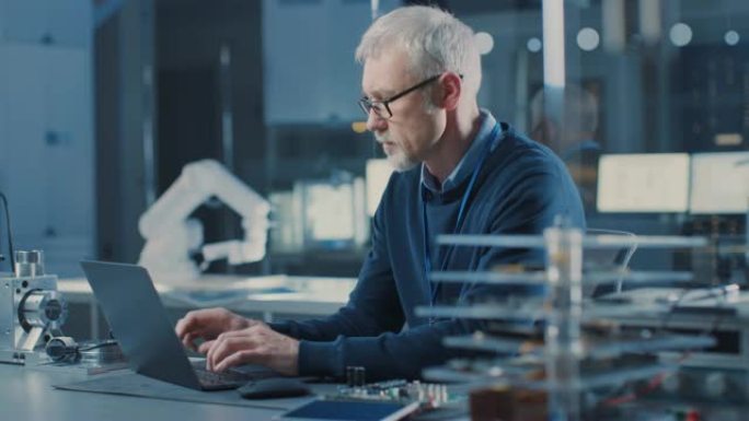 戴着眼镜的专业电子设计工程师在研究实验室的笔记本电脑上工作。背景主板、电路板、重工业机器人组件