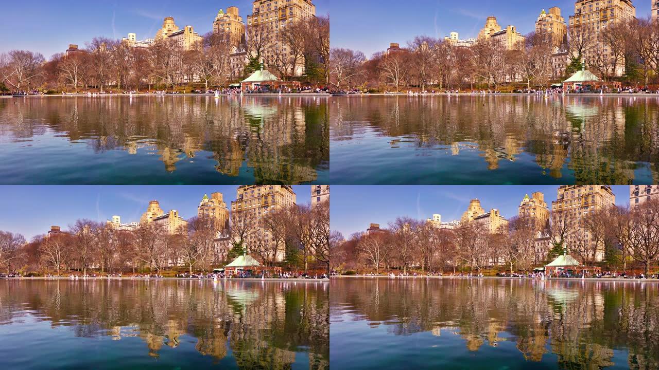 中央公园湖。水中豪华住宅建筑的反思。滨水区。