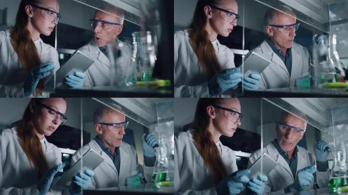 两位科学家的肖像正在对试管中的DNA和分子进行分析，并在实验室中显示出结果