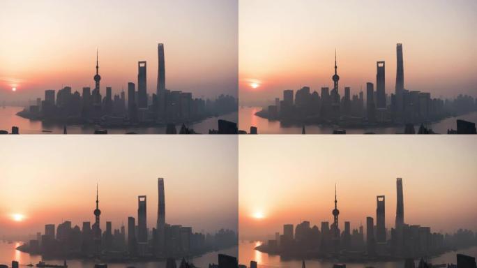 日出时上海天际线的T/L鸟瞰图
