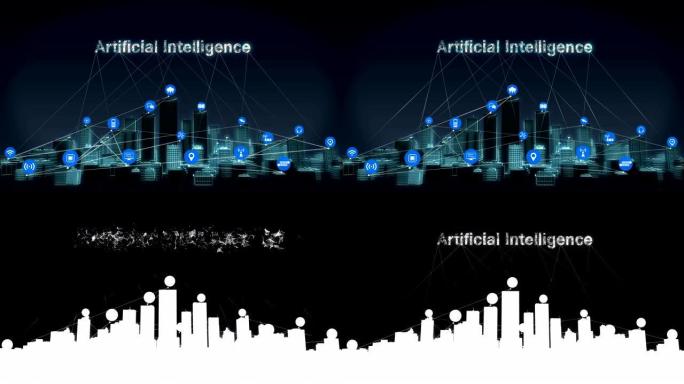 向前移动，智能城市上的各种物联网传感器图标，连接 “人工智能” 的智能建筑。4k。