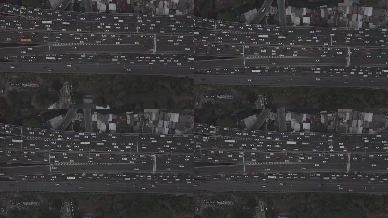 泰国曼谷高峰时段多车道高速公路交通的空中场景