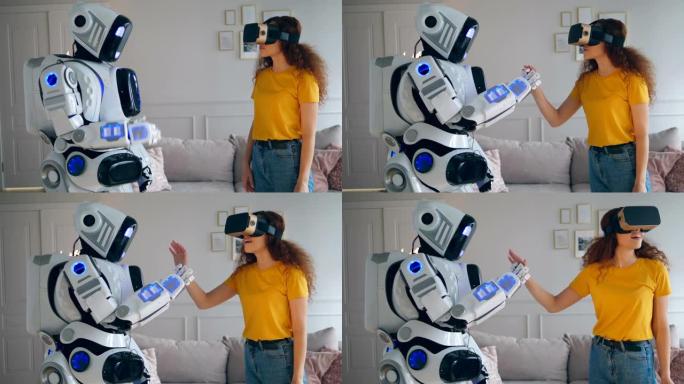 一个戴VR眼镜的女孩正在与机器人接触