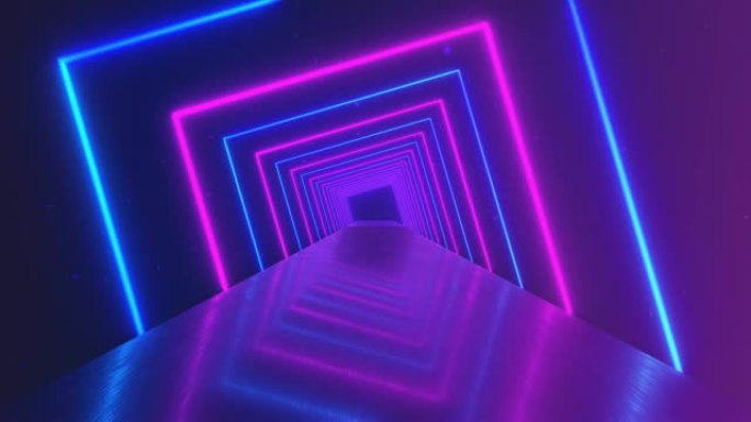 抽象运动几何背景，发光霓虹灯方形创建旋转隧道，蓝色粉色紫色光谱，荧光紫外光，现代七彩照明，4k无缝循