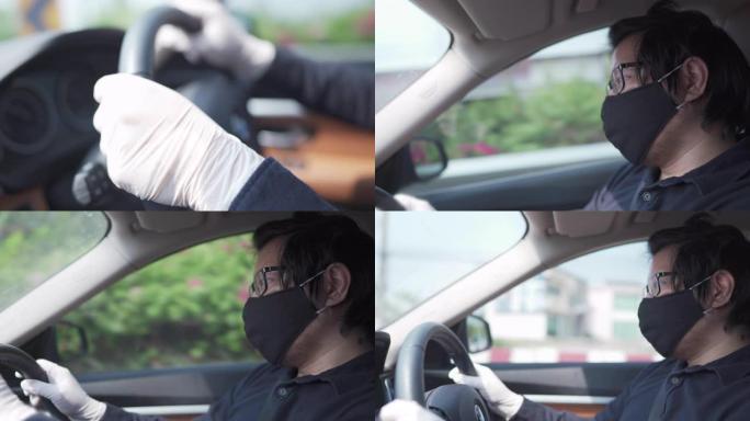 新型冠状病毒肺炎电晕病毒情况下驾驶员佩戴防护面罩的肖像侧视图