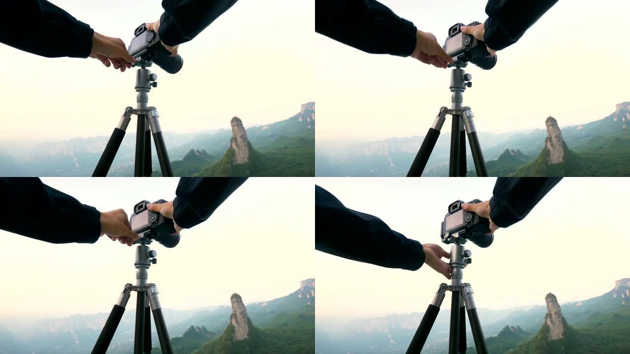 摄影师拍摄山脉的风景