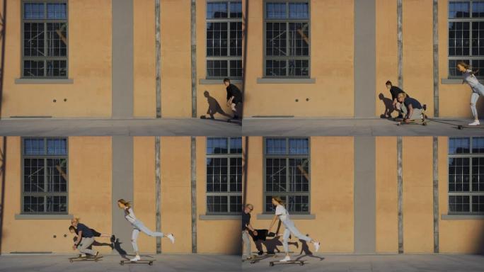 一群时尚的女孩和男孩以各种有趣的姿势骑在滑板上。在工业仓库的背景黄色墙壁上。慢动作侧视摄像机拍摄
