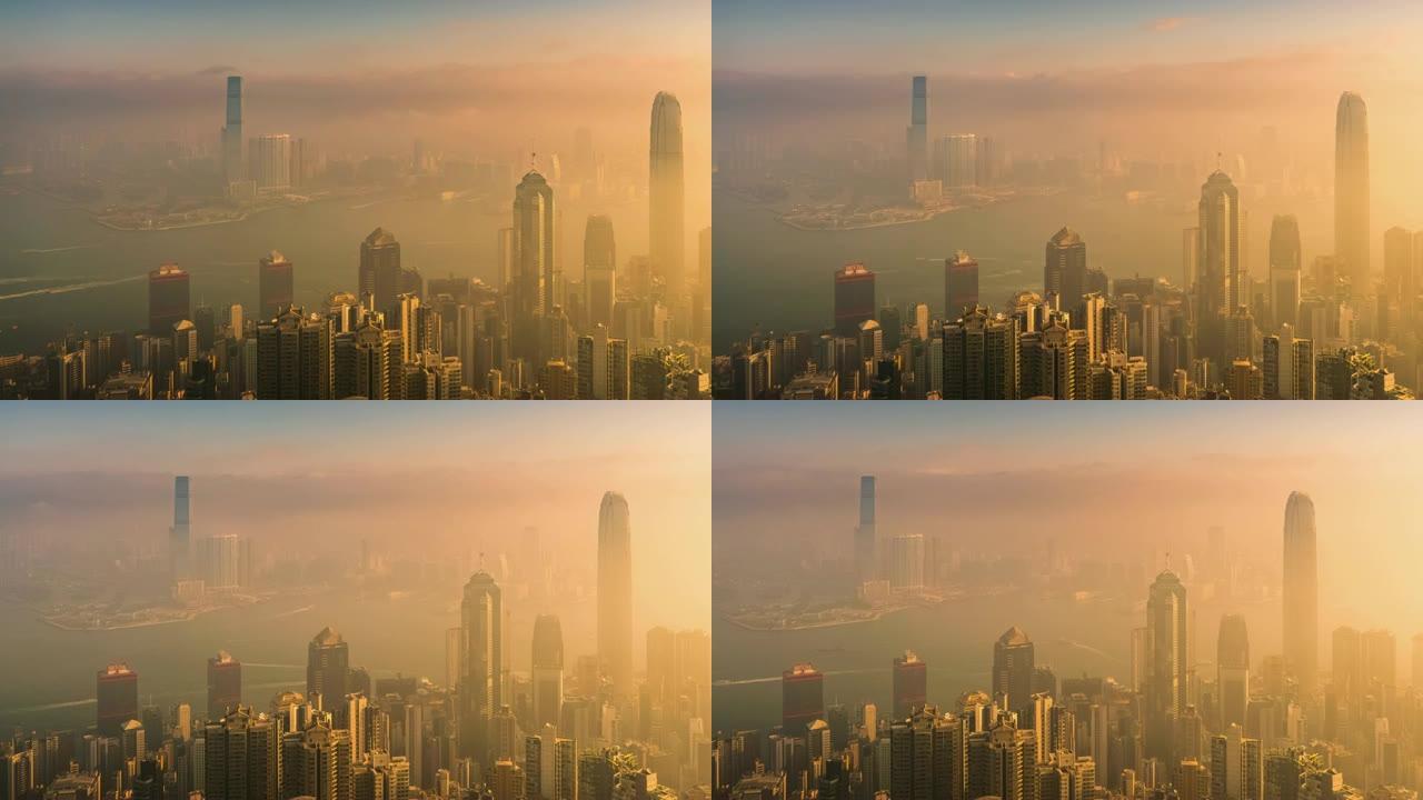 (多莉右) 日出时香港摩天大楼和城市景观的延时。