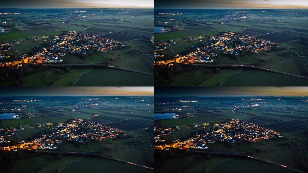 空中过度: 黄昏时德国的村庄