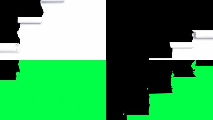 美丽的白纸被撕成垂直条纹，卷起打开屏幕。绿屏上抽象纸断裂的3d动画。阿尔法面具。