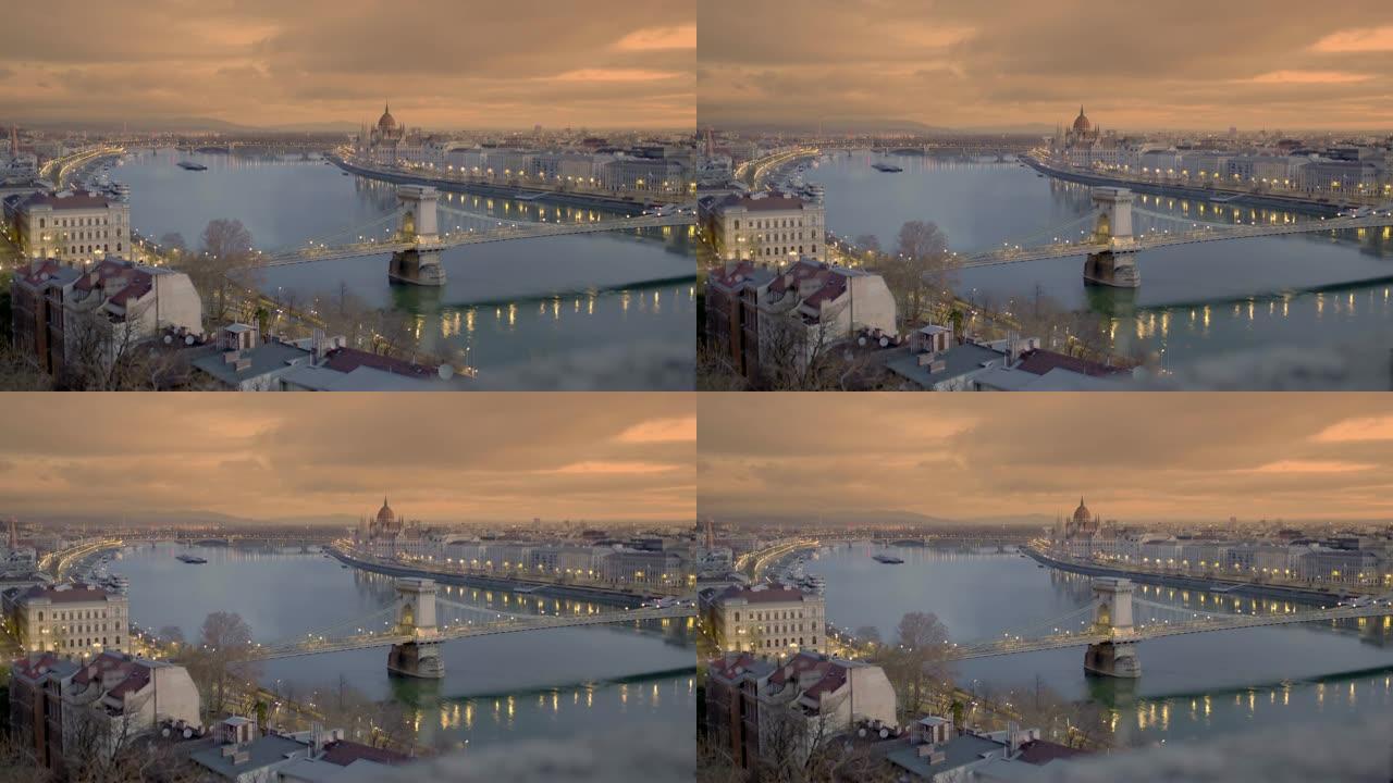 匈牙利布达佩斯黎明时分的WS城市景观和多瑙河