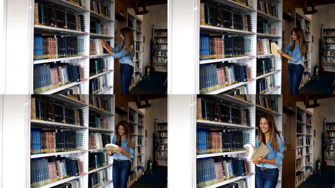 华丽的拉丁美洲学生在公共图书馆寻找书