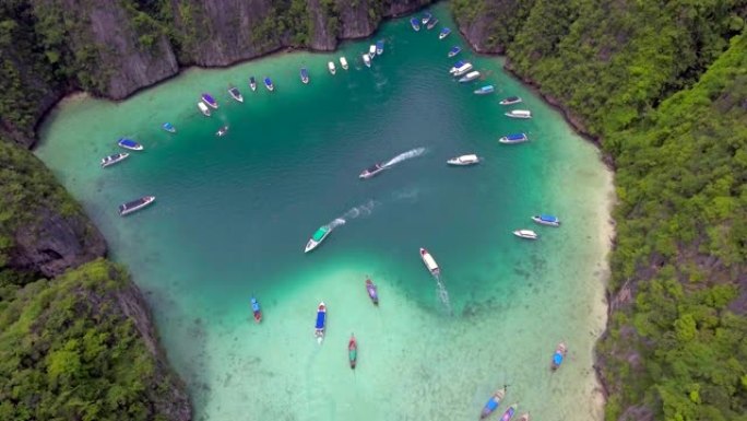 空中翡翠岛港湾休息停靠区渔船天坑