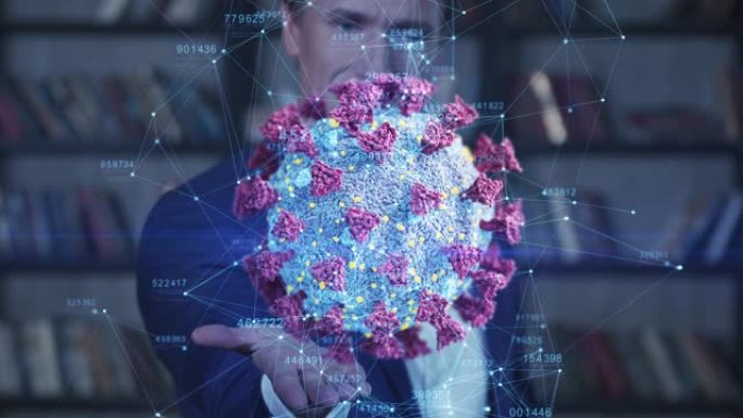商人手里拿着新型冠状病毒肺炎病毒的模型。冠状病毒结构实验室研究特写的美丽3d动画。