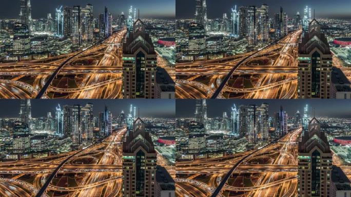 迪拜夜间交通的T/L鸟瞰图/迪拜，阿联酋