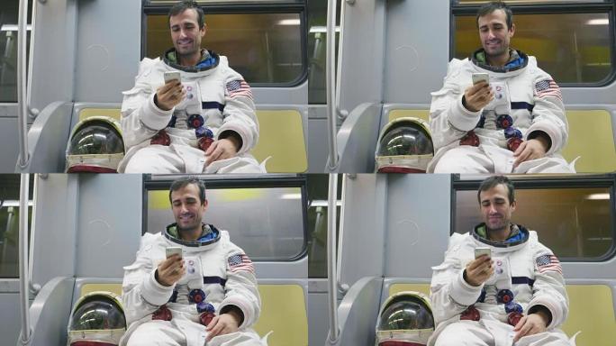 一名宇航员的肖像刚刚在镇上第一次着陆和行走，在城市的地铁和露天环境中环顾四周。概念: 自由，野心，新