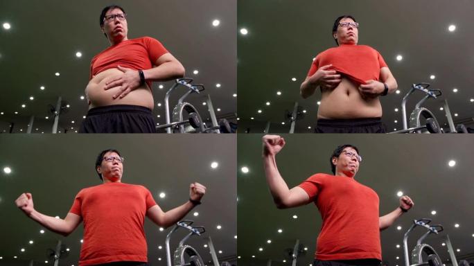 亚洲大型建筑男子在健身房锻炼肌肉。