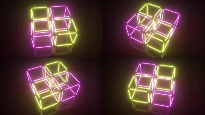 四个旋转发光霓虹灯立方体，荧光紫外光，粉色黄色光谱，抽象无缝循环3D渲染几何背景
