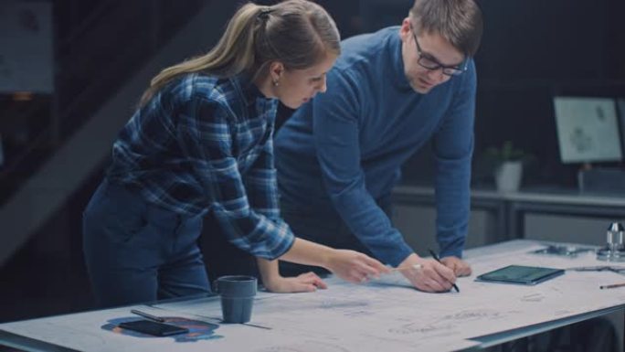 在黑暗的工业设计工程设施中，男女工程师使用数字平板电脑和会议桌在蓝图上交谈和工作。在桌面图纸和发动机