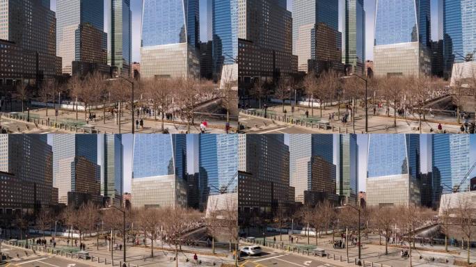 延时: 游客拥挤在曼哈顿下城附近的9/11纪念地，美国纽约市区零。