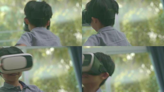 日本男孩使用VR耳机虚拟现实模拟器，环顾四周
