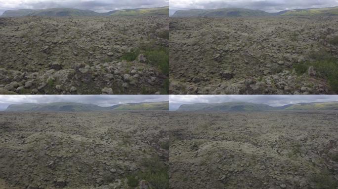 冰岛苔藓熔岩场的无人机视图