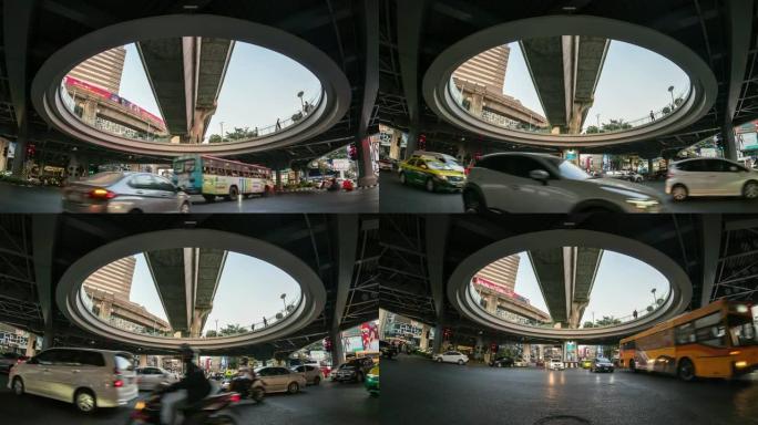 4k延时曼谷傍晚高峰时段交通拥堵和汽车人群交叉路口的长时间暴露，具有城市景观概念的交通