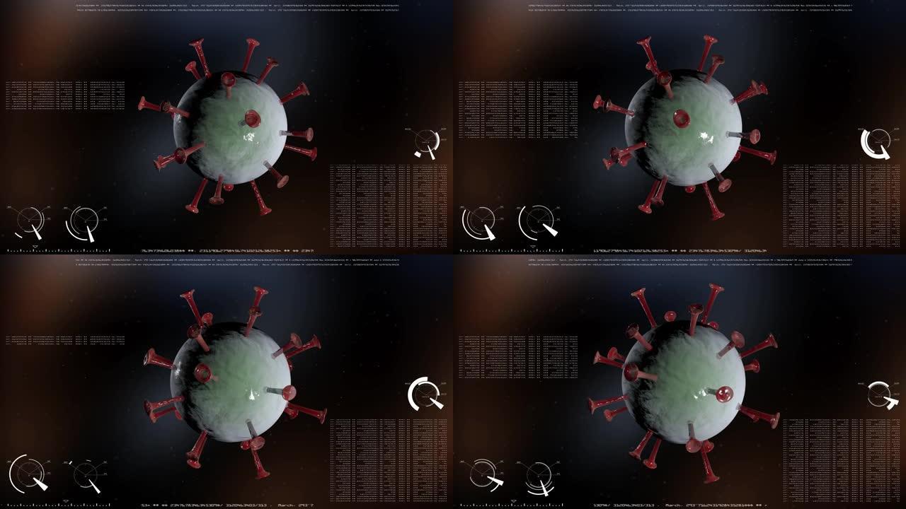 大流行。KOVID-19冠状病毒。在数据处理的现实背景上具有红色尖峰的病毒细胞。飞行粒子。4K. 3