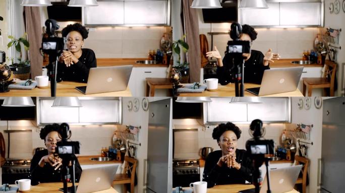 快乐年轻美丽的黑人生活方式博主女人在家用相机慢动作制作新的娱乐视频。