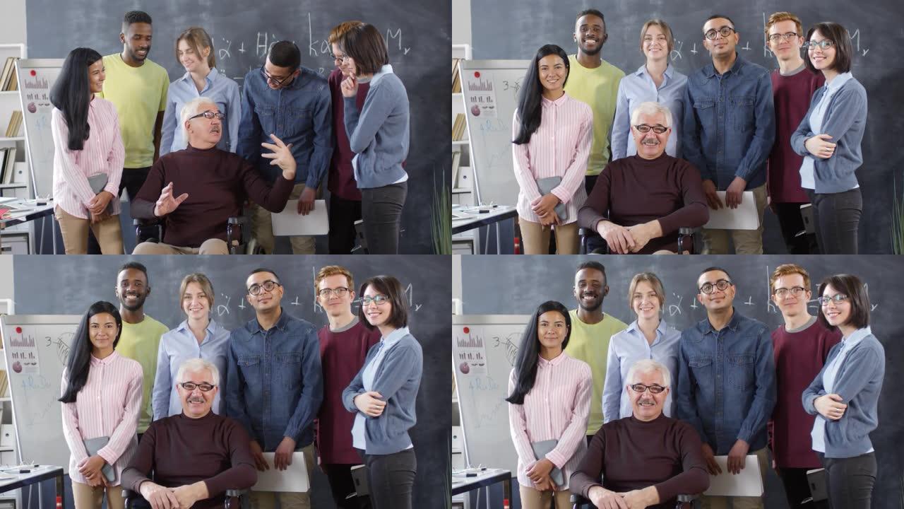轮椅上微笑的教授和学生的肖像