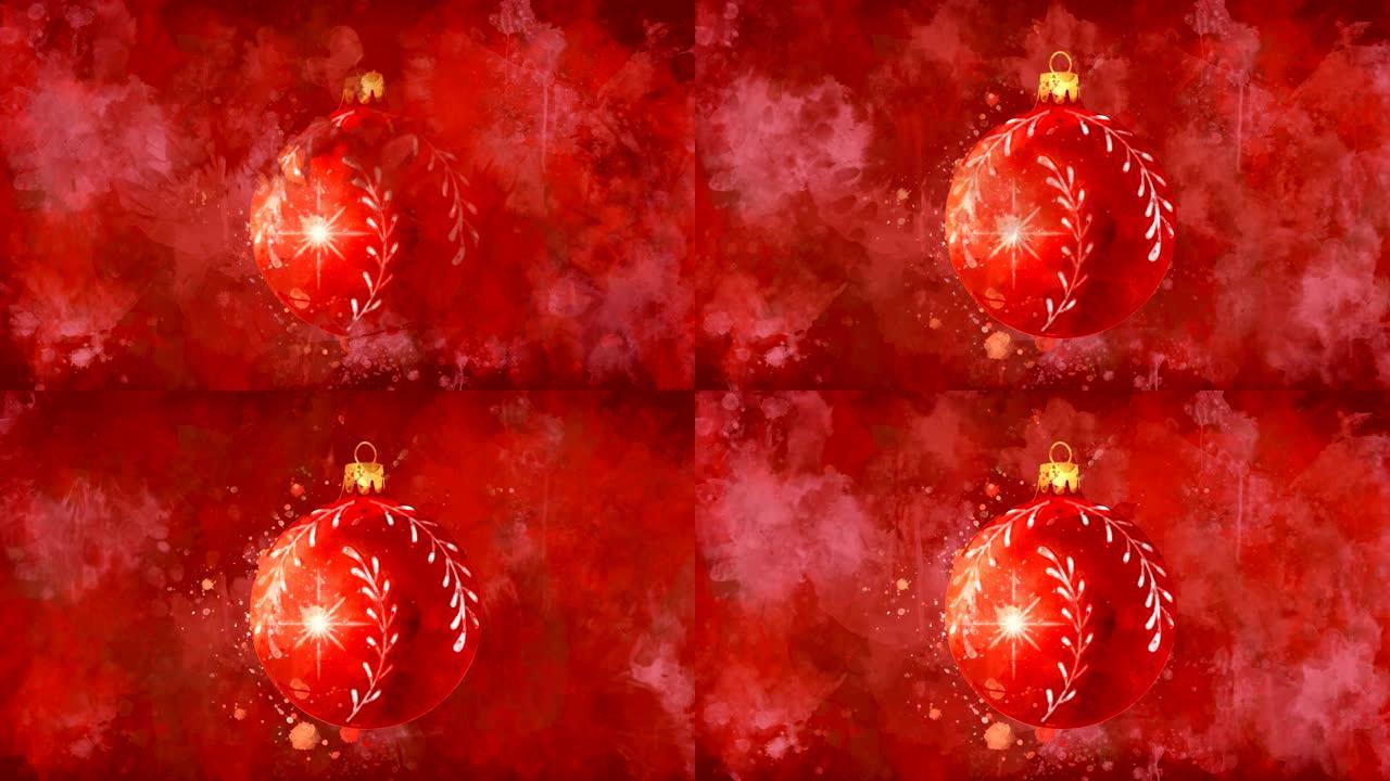 水彩圣诞装饰红球在彩色斑点的背面。