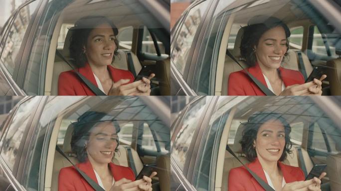 美丽的女人坐在汽车上，坐在乘客座位上，使用智能手机，输入消息，通过互联网浏览。从车外拍摄的摄像机。