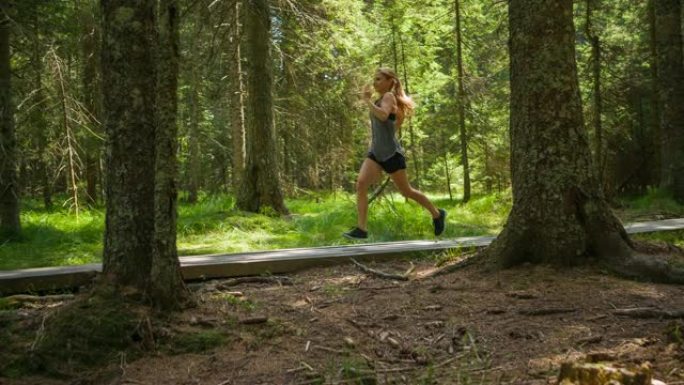 年轻的健身女子在森林中奔跑时保持健康并呼吸新鲜空气
