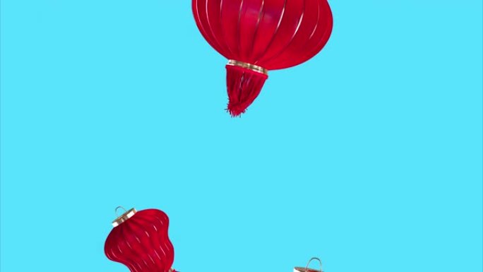 动画飞行亚洲灯笼在清晰的背景。当代东方运动图形艺术。抽象传统节日中国红灯笼。模板彩色亚洲装饰移动到天