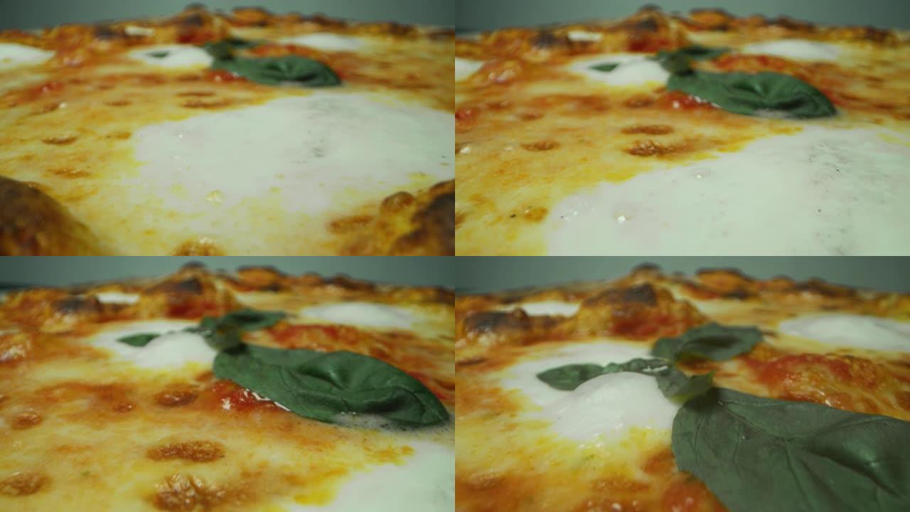 披萨被切的极端宏观。意大利的概念，健康和天然的食物和自制比萨饼面团。