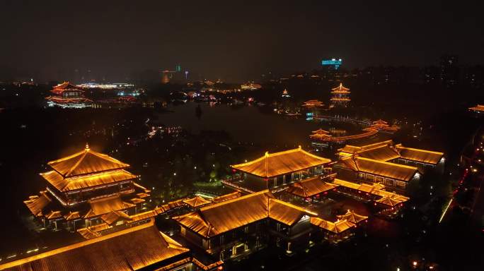 西安大唐芙蓉园夜景航拍4K西安古建筑夜景