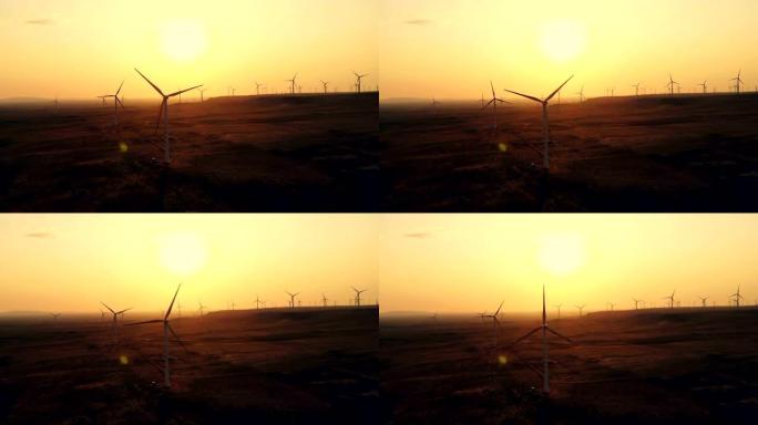日落时鸟瞰图风力涡轮机