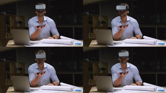 在现代办公室中使用VR头盔的商人